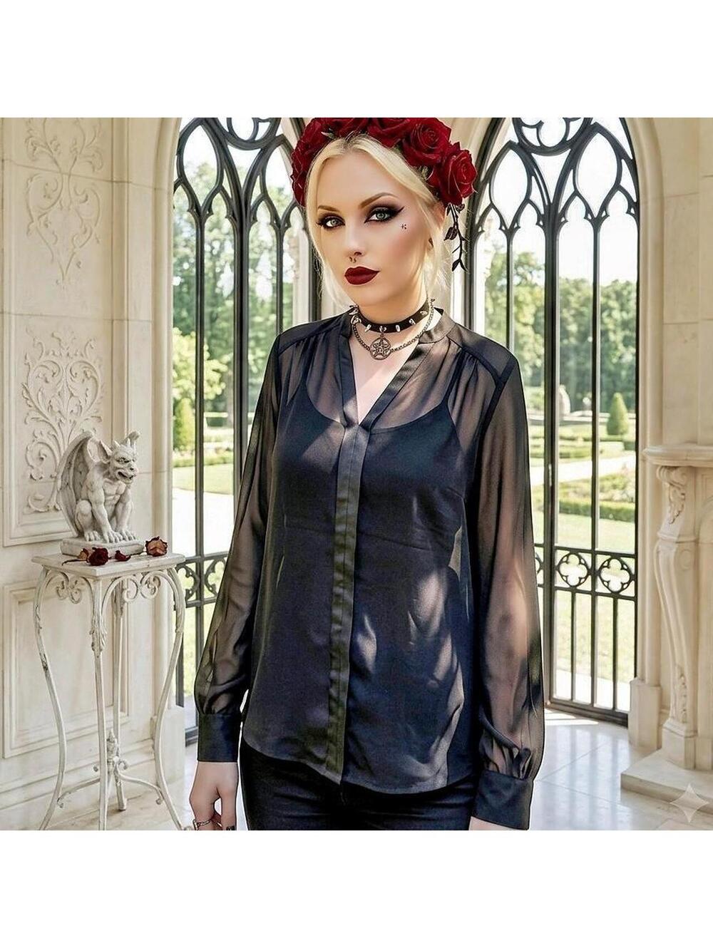 Gothic Chiffon Overlay Long Sleeve Top000017